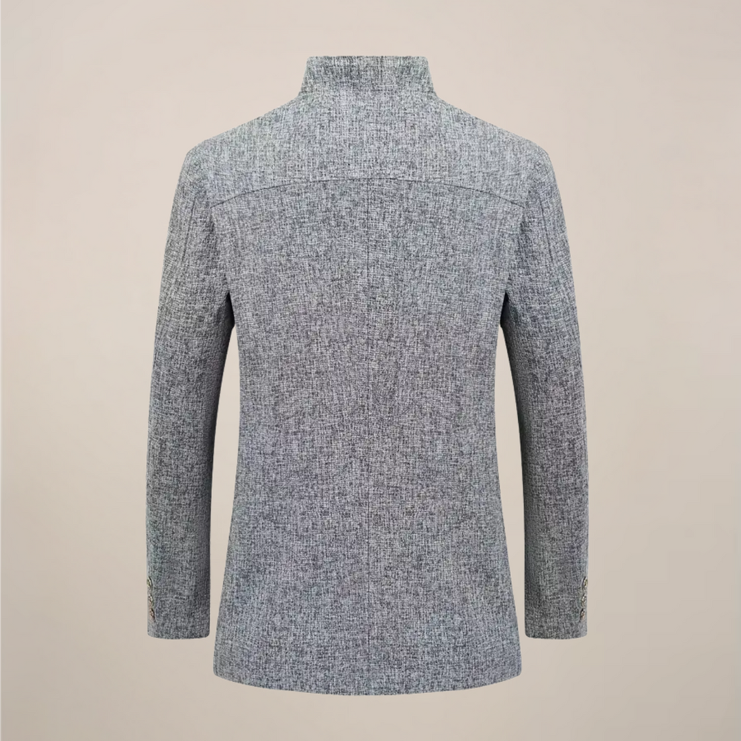 Stylish men's stand collar blazer, single-breasted design. A versatile tailored jacket for modern menswear.