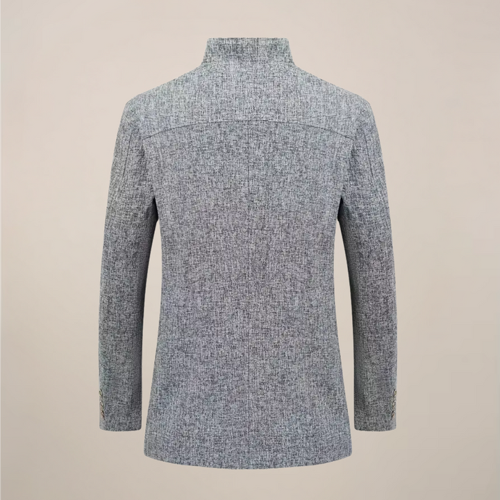 Stylish men's stand collar blazer, single-breasted design. A versatile tailored jacket for modern menswear.