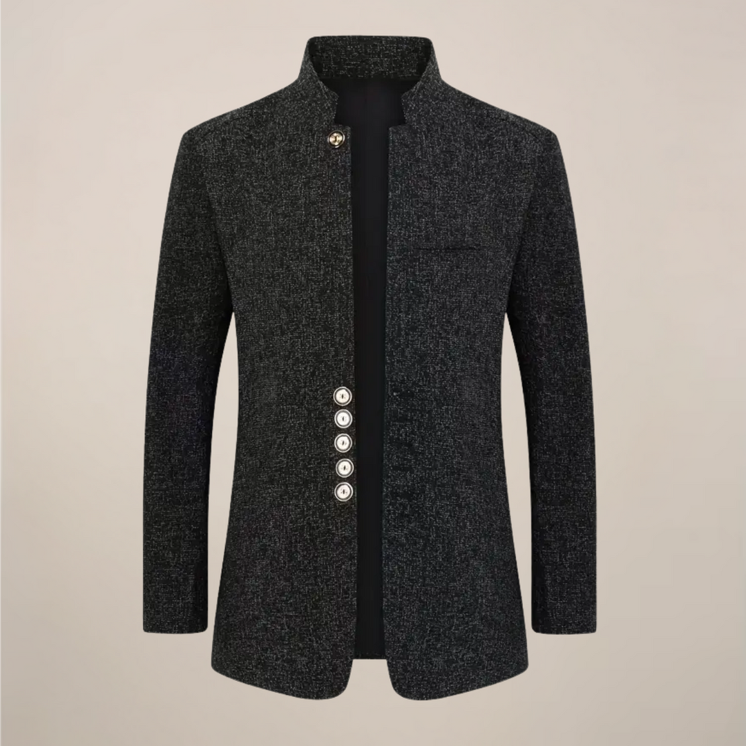 Sharp men's stand collar blazer, single-breasted, in a tailored fit. Ideal for smart casual & formal occasions.