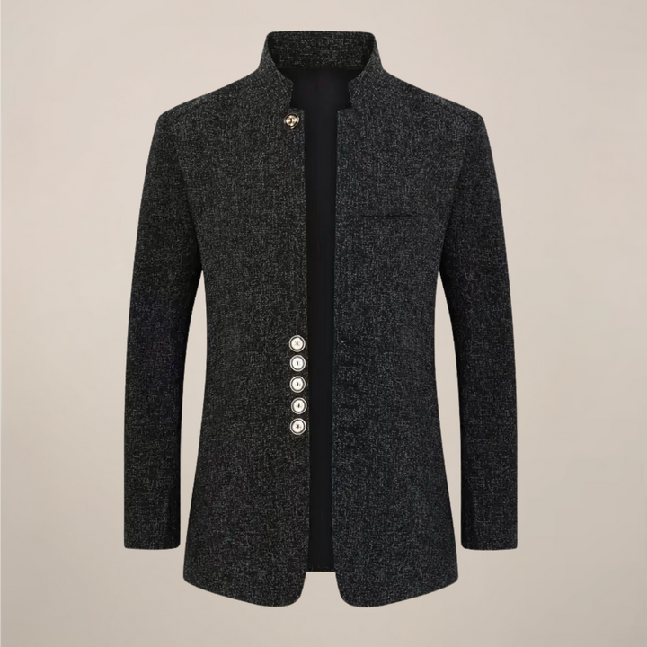 Sharp men's stand collar blazer, single-breasted, in a tailored fit. Ideal for smart casual & formal occasions.