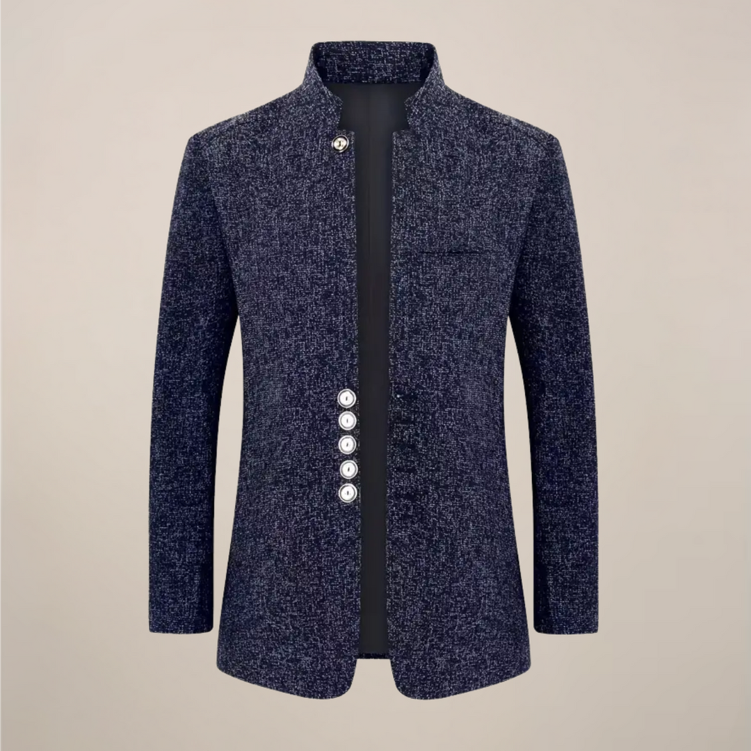 Elegant men's stand collar blazer jacket. Modern single-breasted design, tailored for a sleek menswear style.