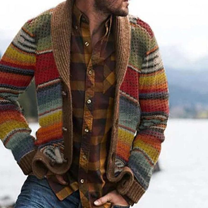 Men's modern striped cardigan with an open front, perfect for casual layering. Comfortable & stylish long-sleeve sweater.
