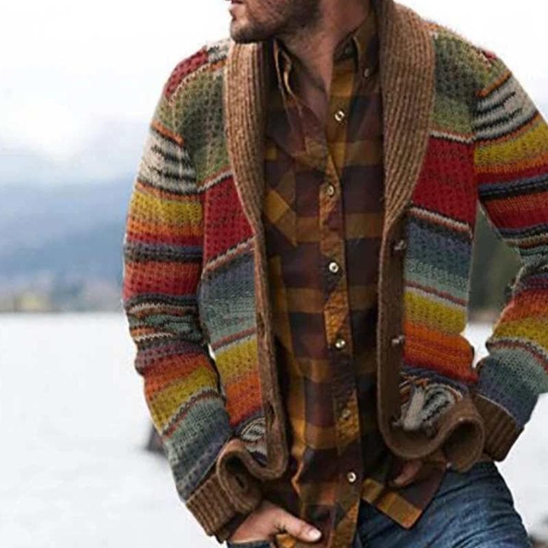 Deshon men's striped cardigan, a modern long-sleeve sweater for versatile casual wear. Features a comfortable open-front design.