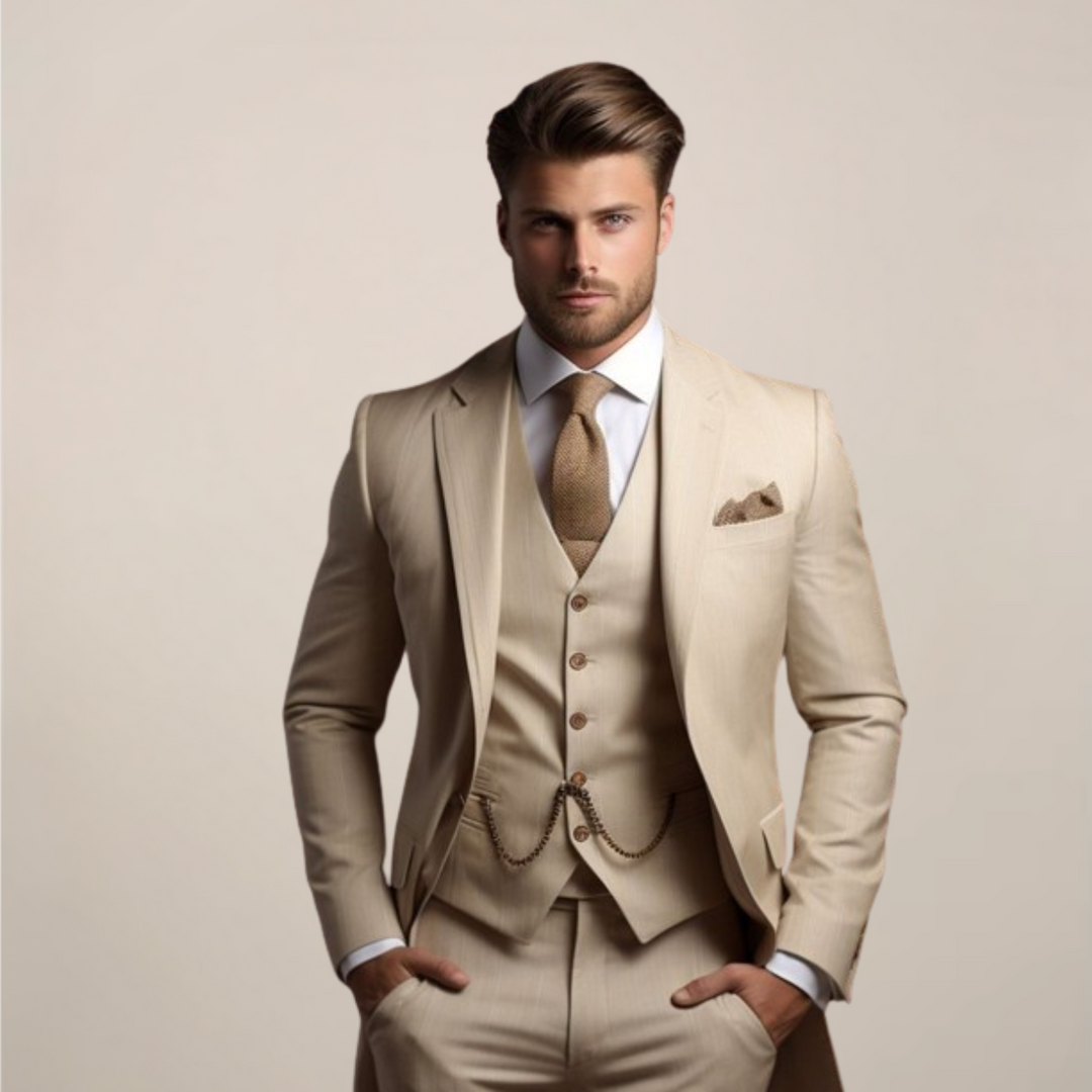 Versatile men's slim-fit three-piece suit, ideal for wedding, business, or formal events. Tailored modern fashion.