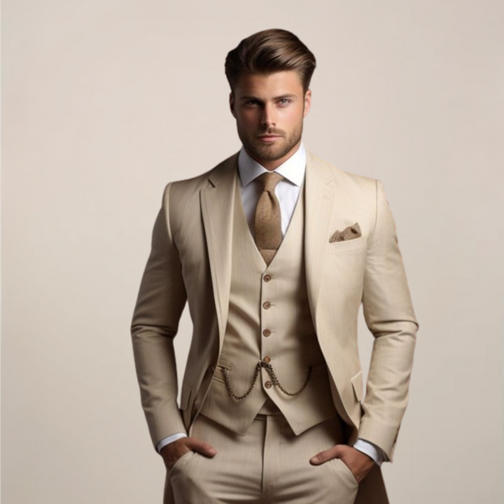 Versatile men's slim-fit three-piece suit, ideal for wedding, business, or formal events. Tailored modern fashion.