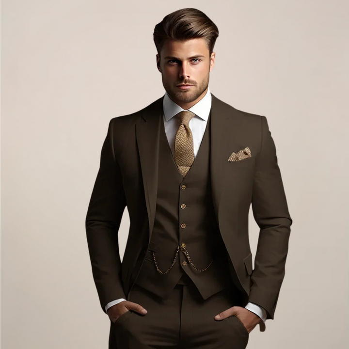 Full shot of a men's three-piece slim-fit suit set, including jacket, vest, and trousers, for a complete outfit.