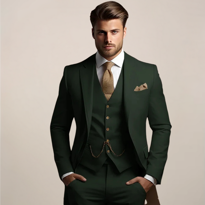 High-quality men's slim-fit three-piece suit, tailored for a modern, sophisticated, and comfortable formal wear.