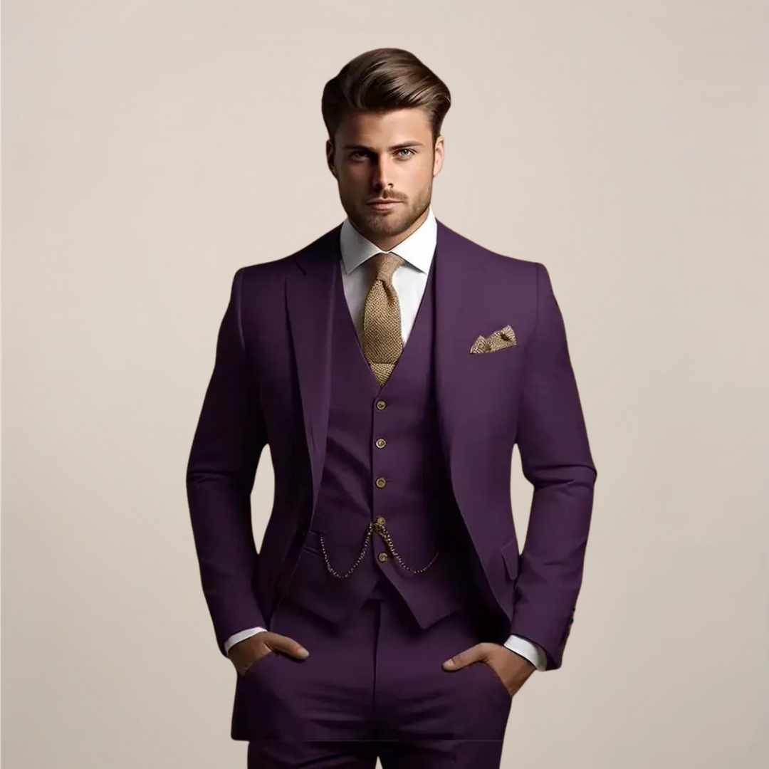 Stylish men's slim-fit three-piece suit, a versatile outfit set for smart casual or formal business occasions.