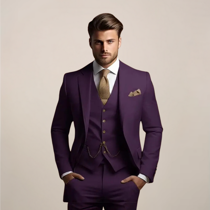 Stylish men's slim-fit three-piece suit, a versatile outfit set for smart casual or formal business occasions.