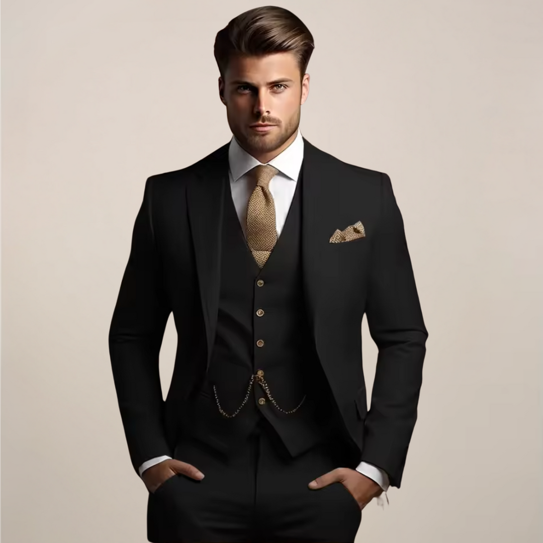 Professional men's tailored three-piece suit (Yannick), offering a sleek slim-fit for weddings or office wear.
