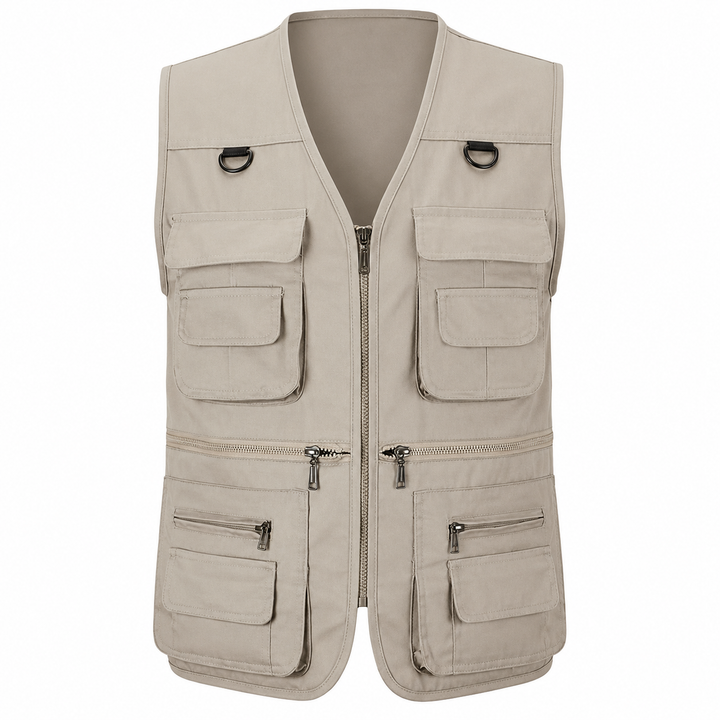 Men's multi-pocket hiking vest, perfect for outdoor adventures & gear storage. Durable & functional sleeveless design.