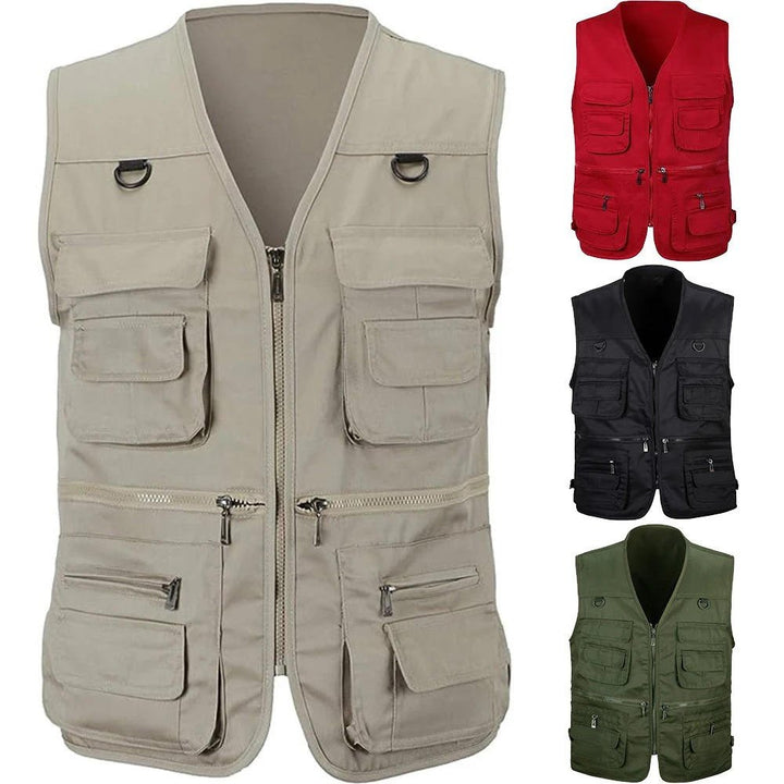 Khaki men's fishing vest with multiple pockets for tackle & essentials. Ideal utility vest for anglers & outdoorsmen.