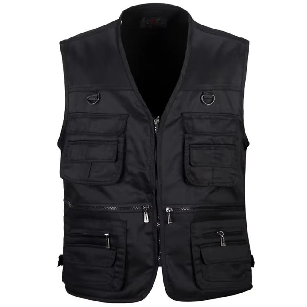 Versatile men's multi-pocket vest in olive, excellent for travel, hiking, fishing, and general outdoor use.
