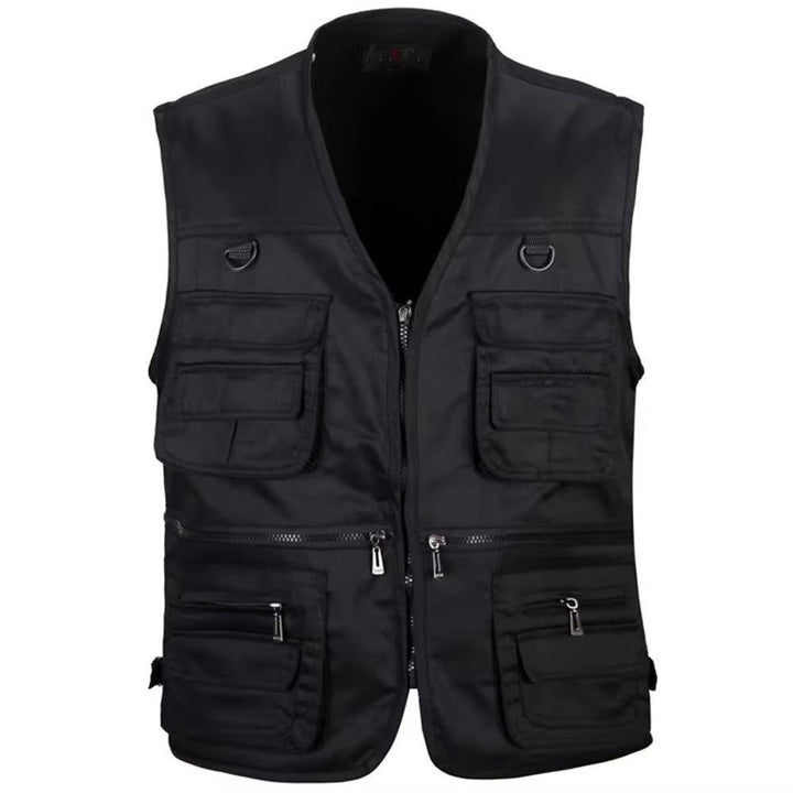 Versatile men's multi-pocket vest in olive, excellent for travel, hiking, fishing, and general outdoor use.
