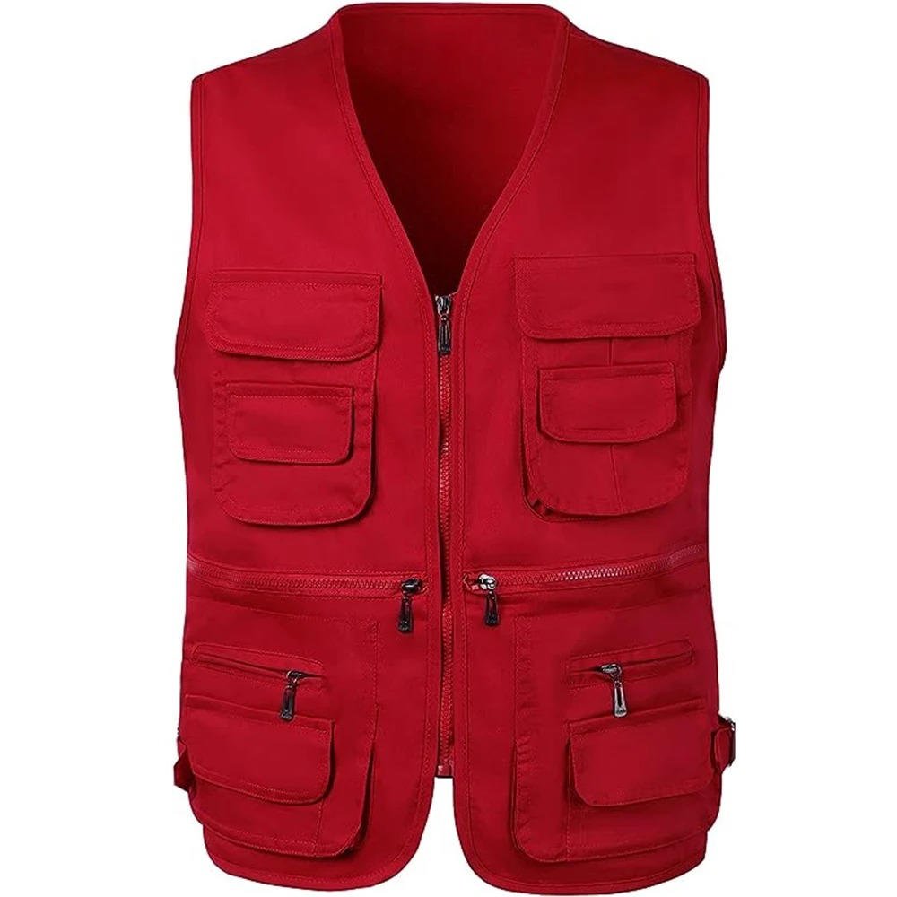 Close-up of a men's multi-pocket vest showing detailed storage, ideal for carrying essentials on outdoor adventures.