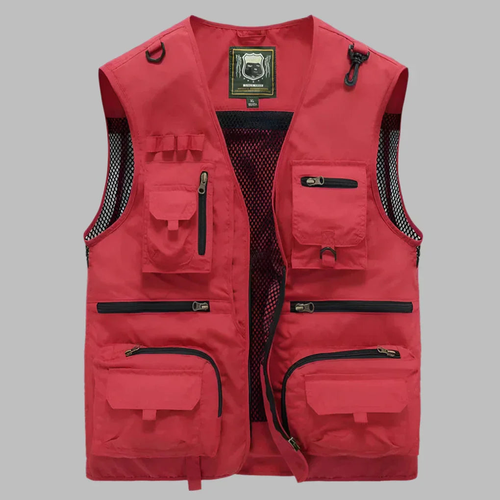 Men's multi-pocket outdoor explorer vest, durable & functional for travel, fishing, or hiking adventures.