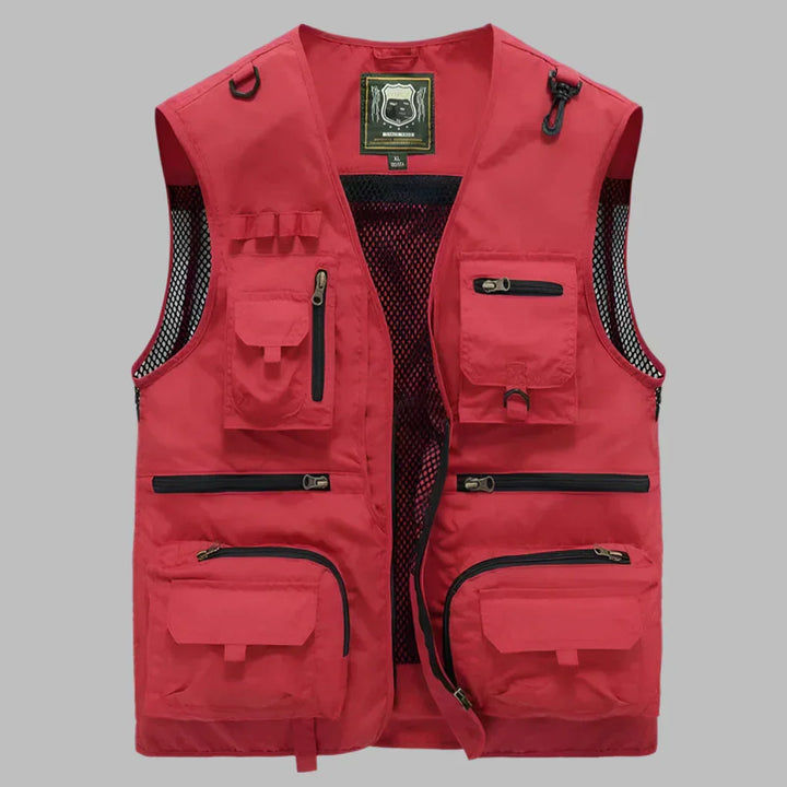 Men's multi-pocket outdoor explorer vest, durable & functional for travel, fishing, or hiking adventures.