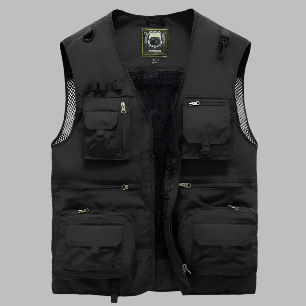Lightweight men's utility vest with multiple pockets, ideal for hiking, fishing, safari, or outdoor travel.