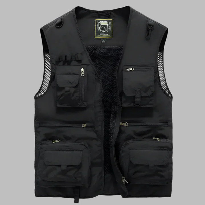 Lightweight men's utility vest with multiple pockets, ideal for hiking, fishing, safari, or outdoor travel.