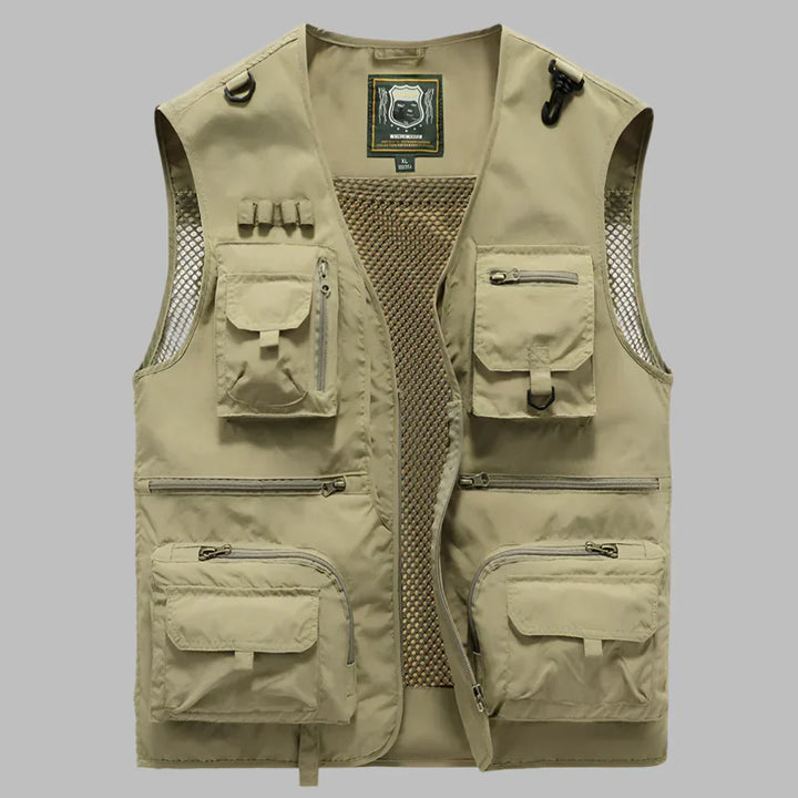 Durable men's explorer vest, multi-pocket design for outdoor activities, travel, and adventure gear.