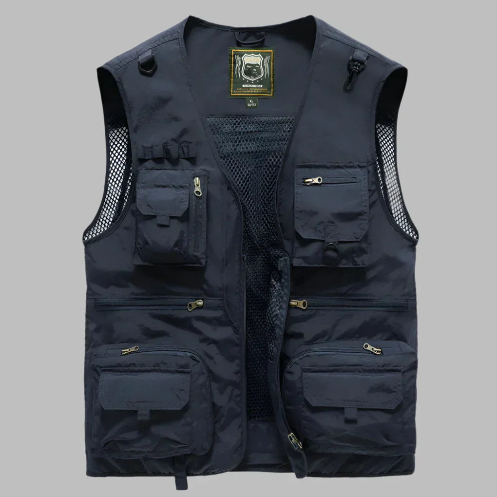 Functional men's multi-pocket travel vest, durable design for hiking, fishing, and outdoor utility.