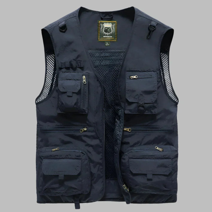 Functional men's multi-pocket travel vest, durable design for hiking, fishing, and outdoor utility.