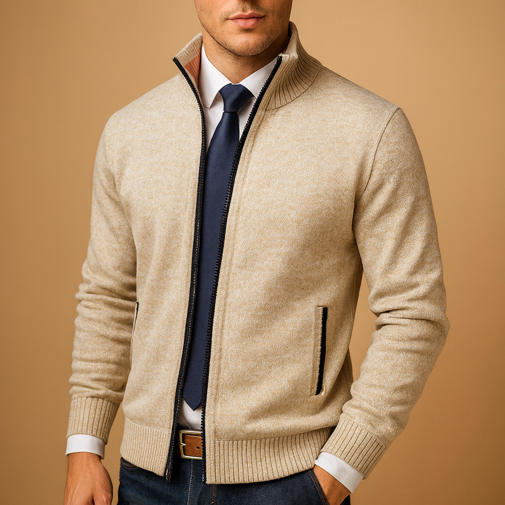 Men's Nathan zipped cardigan, offering effortless style & comfort for autumn and winter casual wear.