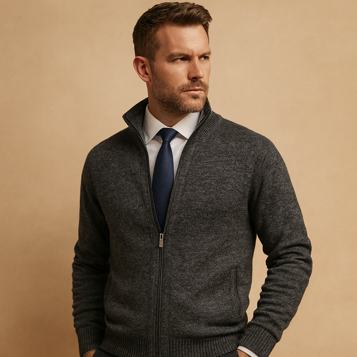 Warm men's full zip sweater, a versatile layering piece perfect for modern winter fashion.