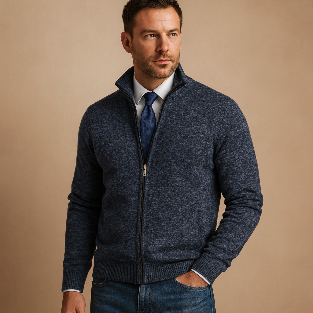 Modern design men's zipped sweater, ideal for autumn style & versatile layering comfort.