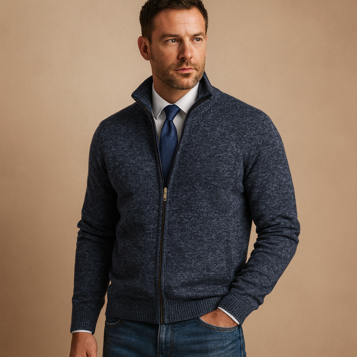 Modern design men's zipped sweater, ideal for autumn style & versatile layering comfort.