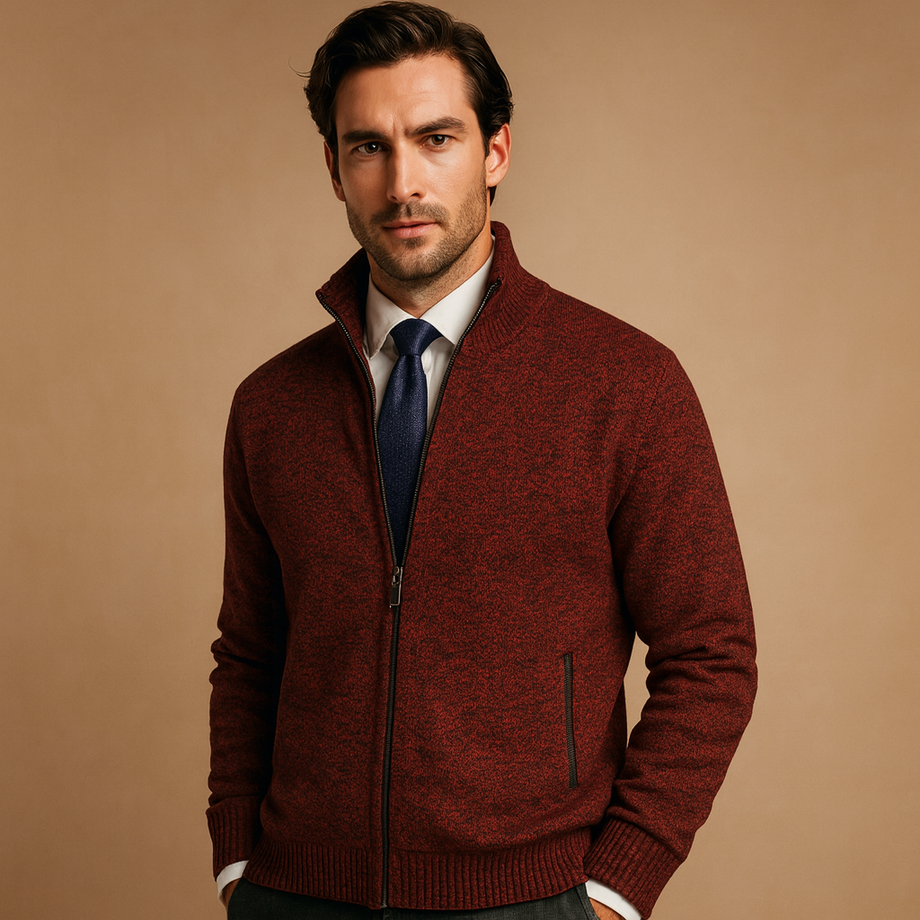 Nathan full zip men's cardigan, a warm and comfortable sweater for casual wear and layering.