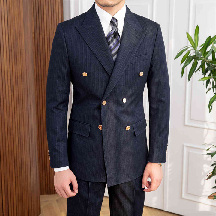 Men's navy blue slim fit double-breasted suit, ideal for formal business wear or wedding attire. Tailored classic style.