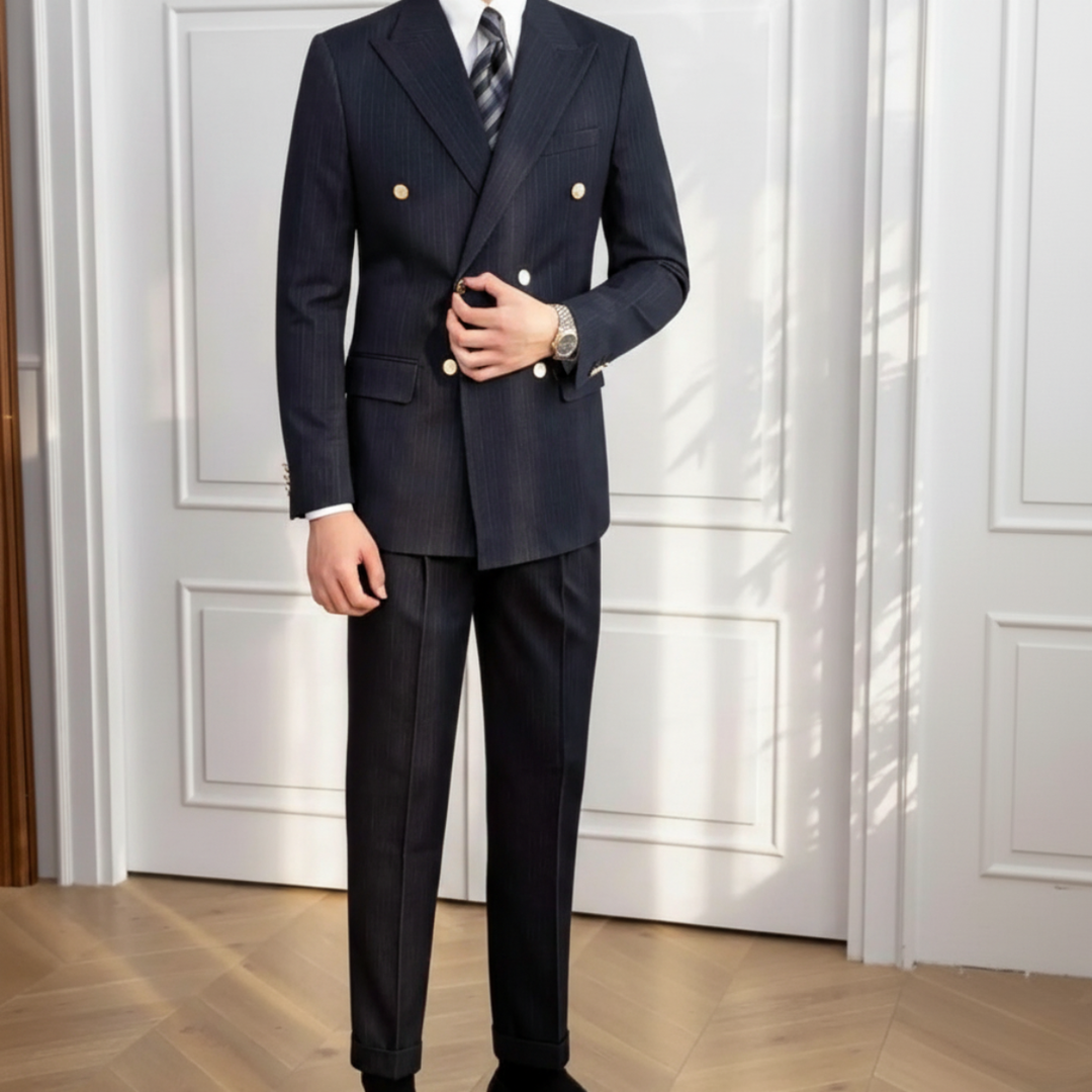 Classic men's navy blue slim fit double-breasted suit. Tailored formal wear for autumn/winter business or wedding events.