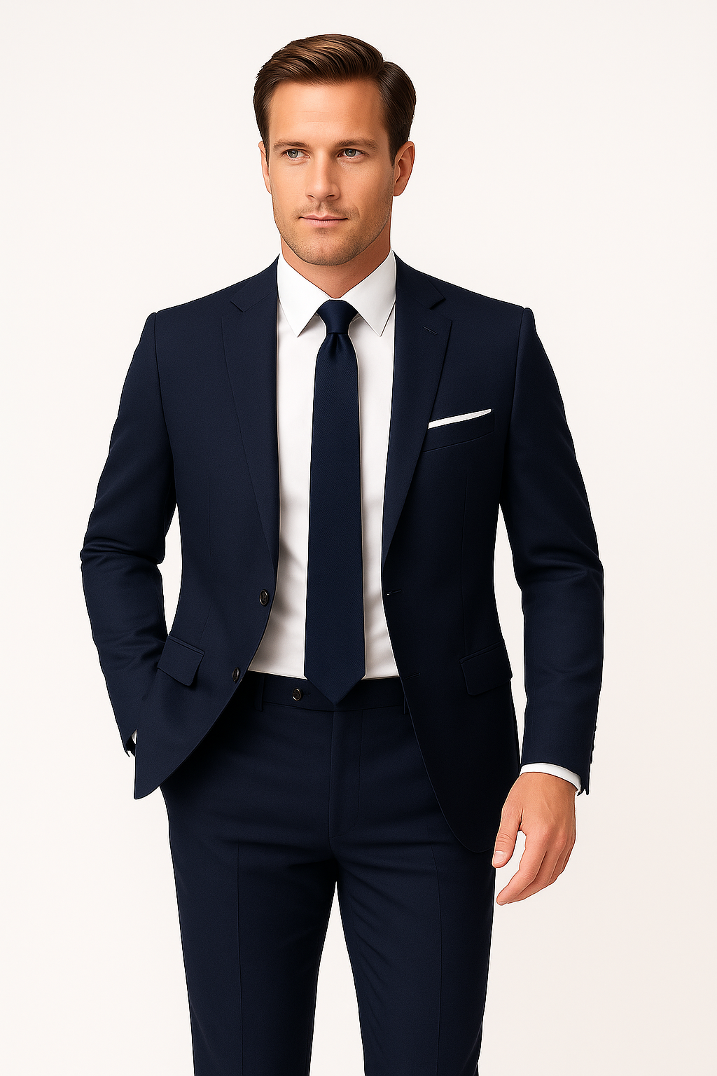 Men's navy blue slim fit suit, tailored blazer & trousers, perfect for business or formal events.