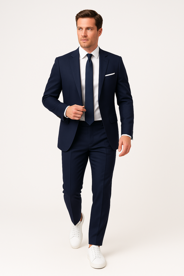 Tailored men's navy blue slim fit suit, a professional & modern choice for formal wear & fashion.