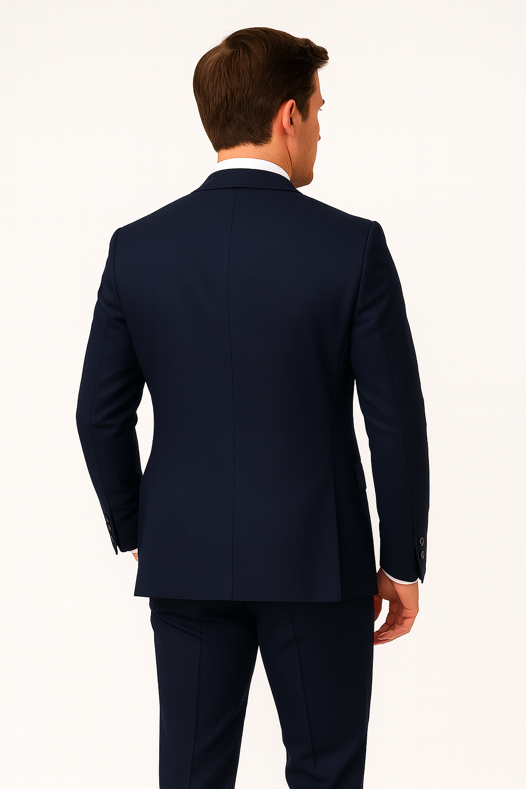 Full shot of a sophisticated men's navy blue slim fit suit, versatile for weddings, business & events.