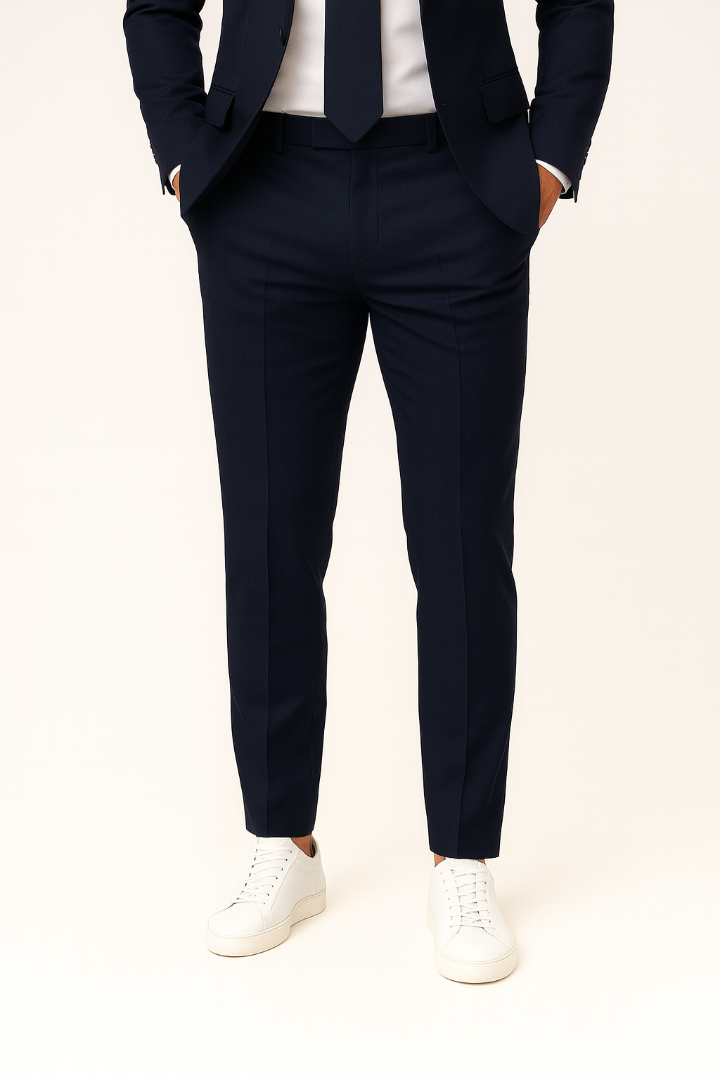 Modern men's navy blue slim fit suit, complete with tailored blazer & trousers for any formal occasion.
