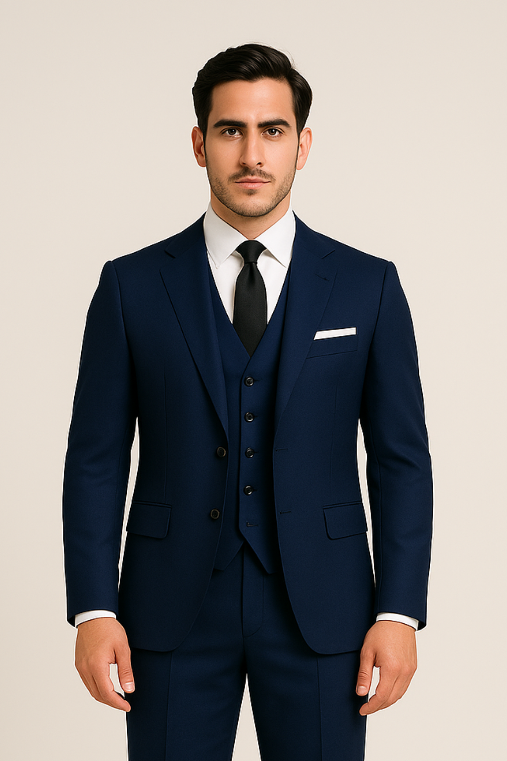 Men's navy three-piece suit, perfect for weddings, business, or formal events. Includes jacket, waistcoat, and trousers.