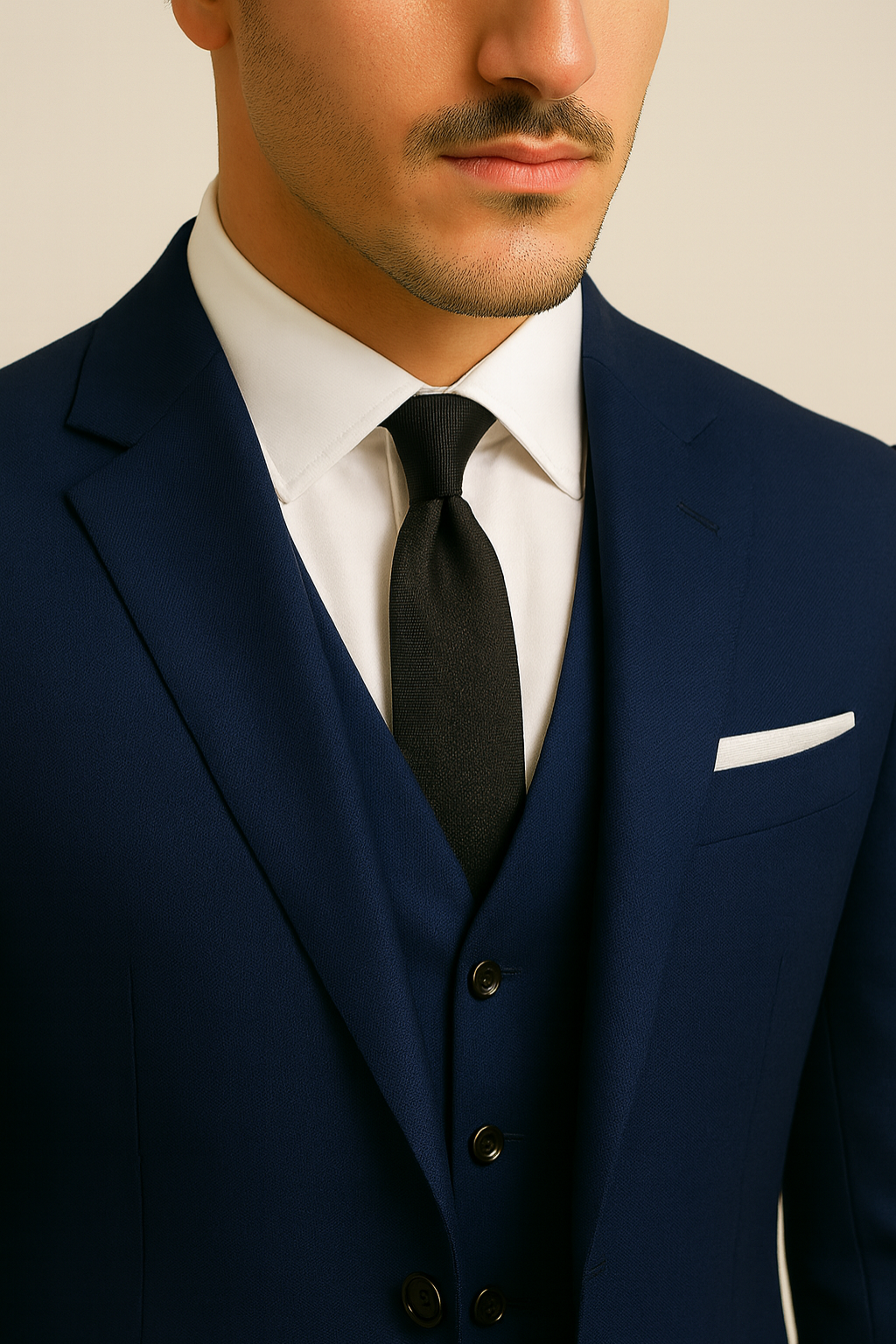 Slim fit navy three-piece suit for men, ideal for tailored business attire, weddings, and special occasions.