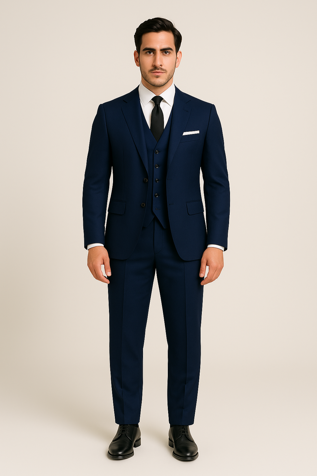 Elegant men's navy three-piece suit, exuding formal style and sophistication for any gentleman's event.