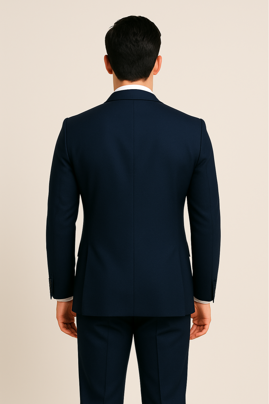Classic men's navy three-piece suit featuring a tailored jacket, waistcoat, and trousers, versatile for formal wear.