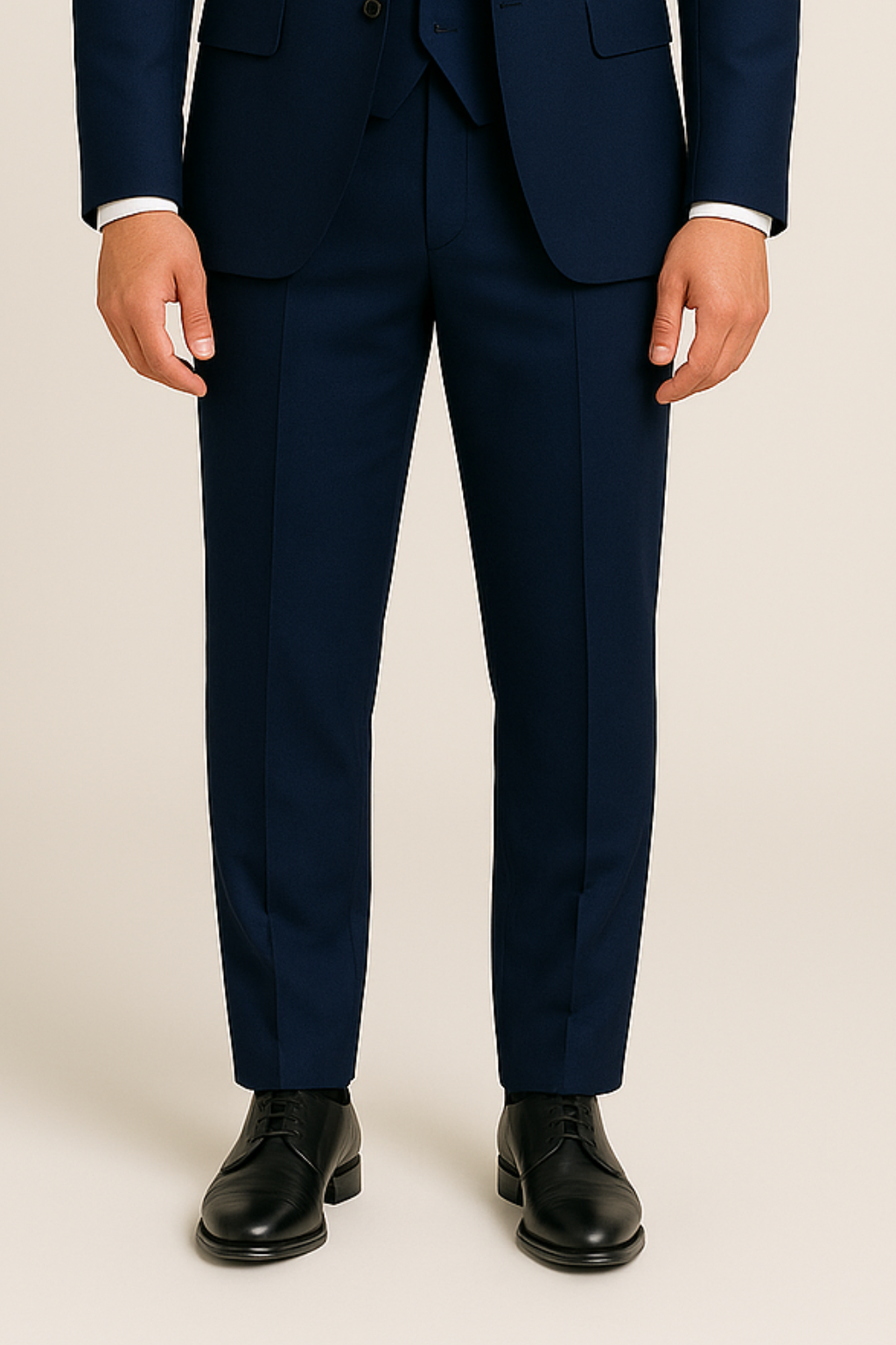 Modern men's navy three-piece suit, designed for a sharp, refined look at weddings, proms, or business meetings.