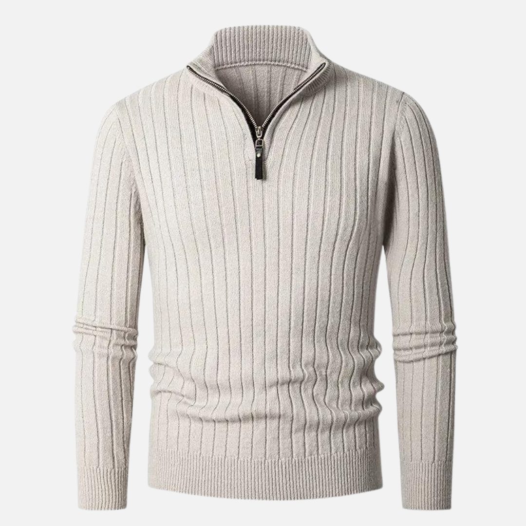 Men's neutral ribbed half-zip sweater for refined smart casual style. Perfect for layering.