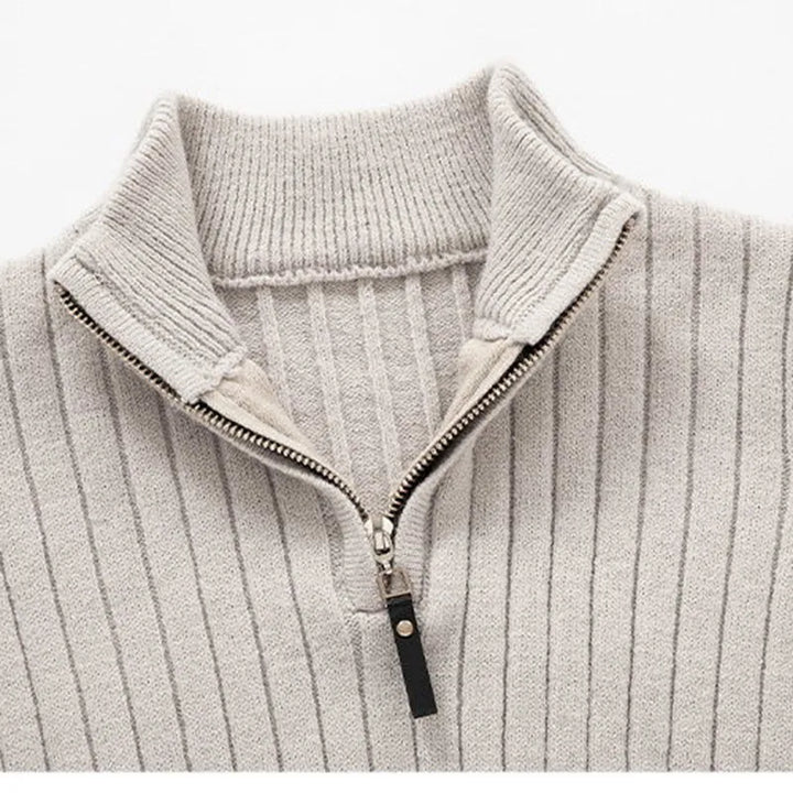Stylish men's half-zip ribbed knit sweater. Modern, comfortable, and versatile for casual wear.