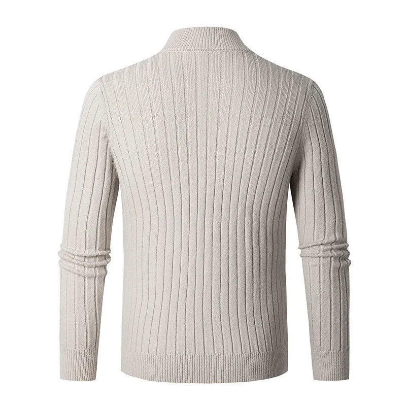 Classic men's ribbed half-zip cardigan in a neutral tone, ideal for comfortable layering.