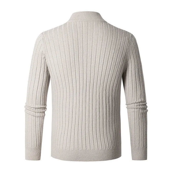 Classic men's ribbed half-zip cardigan in a neutral tone, ideal for comfortable layering.