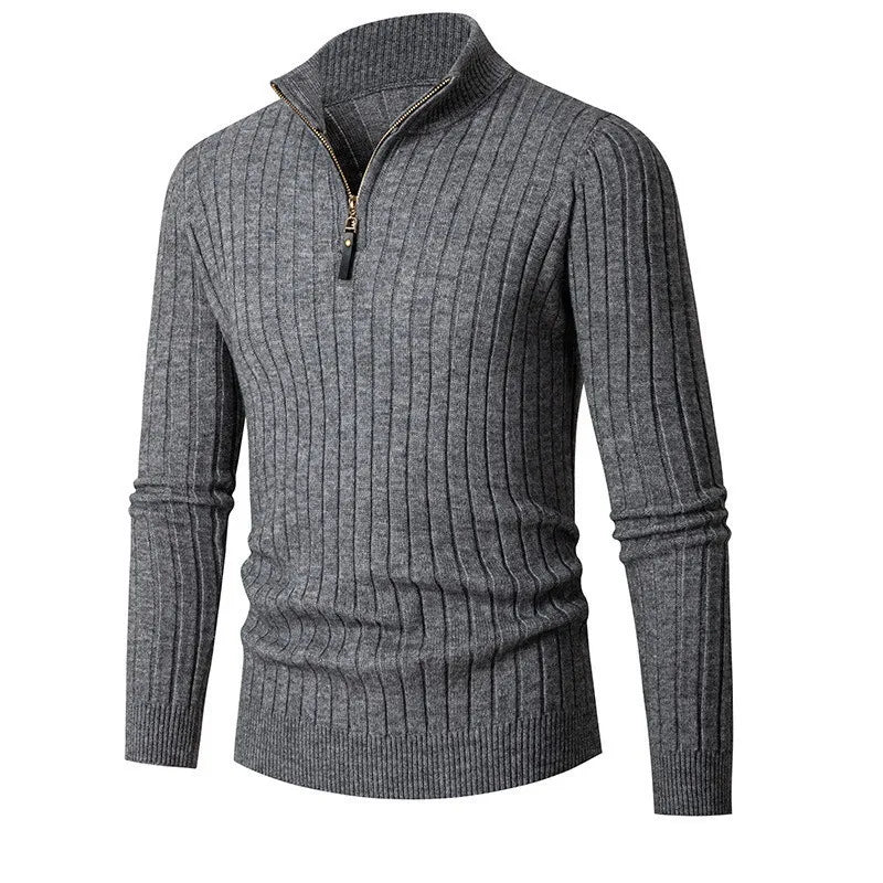 Modern men's neutral half-zip ribbed sweater, excellent for smart casual and versatile layering.