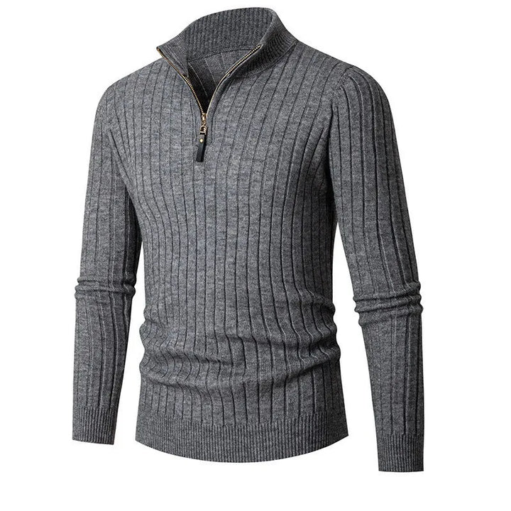 Modern men's neutral half-zip ribbed sweater, excellent for smart casual and versatile layering.