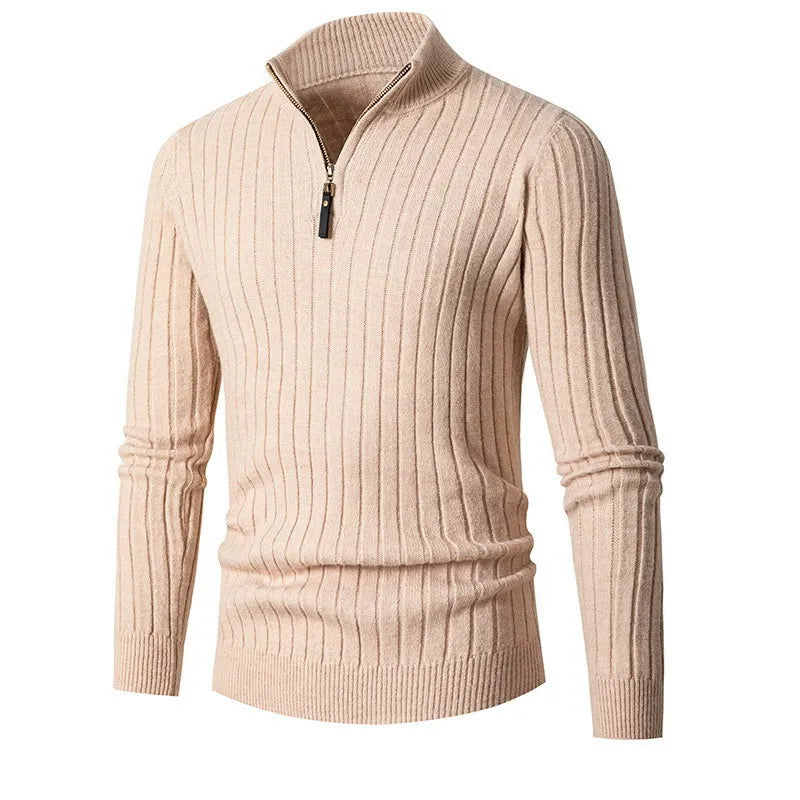 Men's stylish ribbed half-zip pullover sweater in a versatile neutral color for smart layering.
