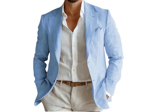 Lightweight men's summer blazer, open chest and relaxed fit for breathable, stylish smart casual fashion.